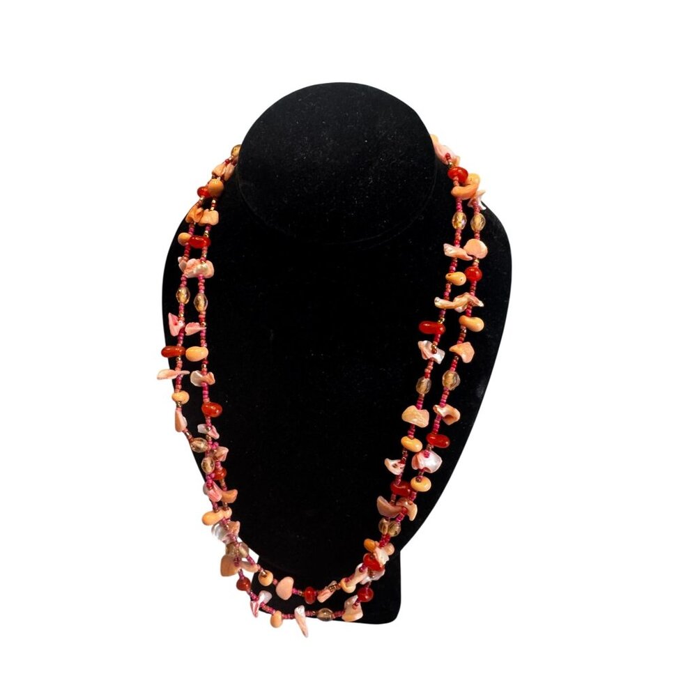 Vintage Hand Strung Shell Carnelian Agate Long Boho Beach Necklace 48 Inch - Picture 8 of 8